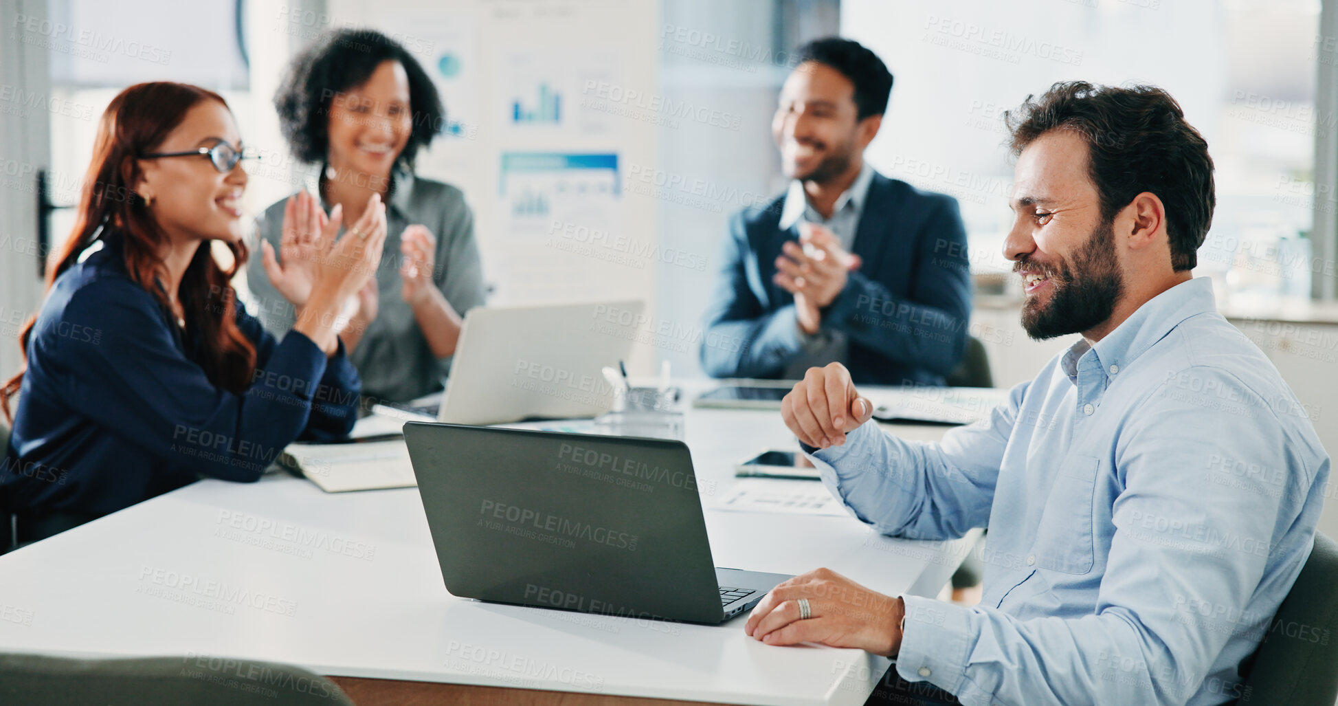 Buy stock photo Applause, meeting and business people on laptop for finance review, positive feedback and profit growth. Corporate, team and workers on computer with good news for investment or financial decision