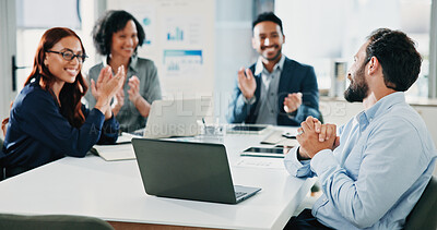 Buy stock photo Businessman, team and applause at meeting with laptop for goals, motivation or success at insurance company. People, group and happy for announcement, support or achievement at risk management agency