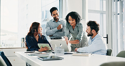 Buy stock photo Laptop, happy and team with business people in meeting for acquisition, finance advisor and liquidity. Brainstorming, research and online report with employees in agency for reading and workshop
