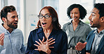 Investor, success or woman in meeting, surprise or discussion for promotion, bonus or celebration. People, financial trader and excited in office, shocked or achievement for profit increase and wow