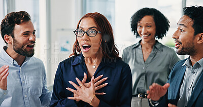 Buy stock photo Investor, success or woman in meeting, surprise or discussion for promotion, bonus or celebration. People, financial trader and excited in office, shocked or achievement for profit increase and wow