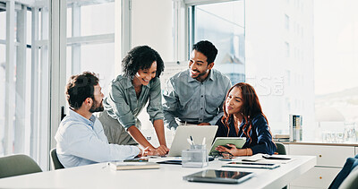 Buy stock photo Happy, meeting and business people on laptop for finance report, feedback and budget proposal. Corporate, team and men with women on computer in discussion for investment review or financial decision