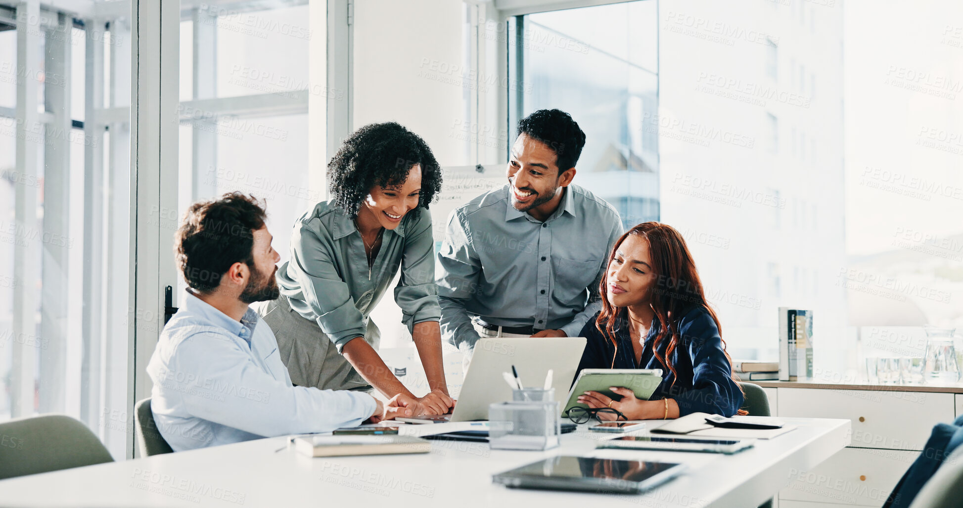 Buy stock photo Happy, meeting and business people on laptop for finance report, feedback and budget proposal. Corporate, team and men with women on computer in discussion for investment review or financial decision