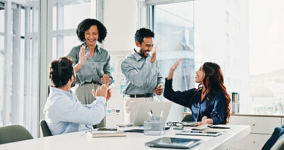 Buy stock photo Business people, team and celebration at meeting with high five for goal, motivation or success at insurance company. Group, happy and applause for support, achievement or risk management at agency