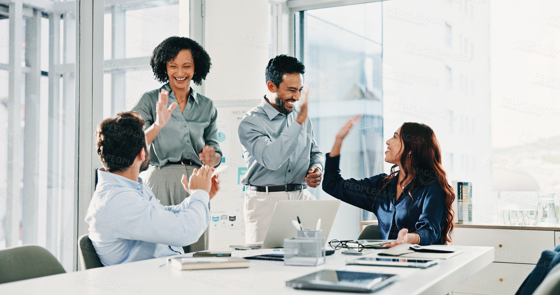Buy stock photo Business people, team and celebration at meeting with high five for goal, motivation or success at insurance company. Group, happy and applause for support, achievement or risk management at agency