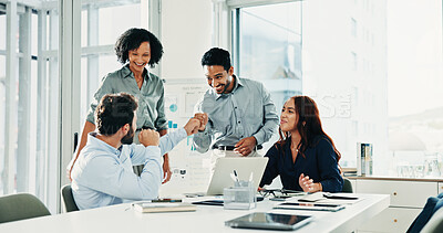 Buy stock photo Meeting, fist pump and business people on laptop for finance review, positive feedback and profit growth. Corporate, team and workers on computer with good news for investment or financial decision