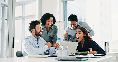 Buy stock photo Excited, people and team with surprise for winning, good news or business success in office. Happy, colleagues or group of employees with smile or laptop for achievement, promotion or bonus together