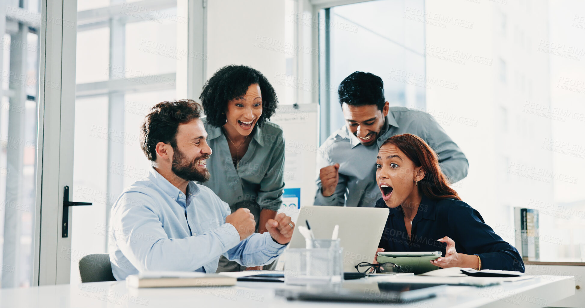 Buy stock photo Excited, people and team with surprise for winning, good news or business success in office. Happy, colleagues or group of employees with smile or laptop for achievement, promotion or bonus together