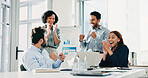 Business people, team and applause at meeting with celebration, excited or success at insurance company. Men, women and happy for goals with project, support and achievement at risk management agency