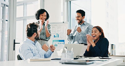 Buy stock photo Business people, team and applause at meeting with celebration, excited or success at insurance company. Men, women and happy for goals with project, support and achievement at risk management agency