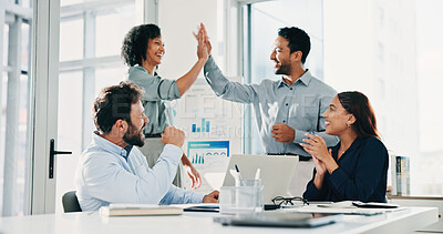 Buy stock photo Business people, team and high five at meeting with celebration, excited or success at insurance company. Men, women and happy for goals with project, support and applause at risk management agency