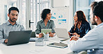 Women, laptop and discussion at office meeting with tablet, men and review at insurance company. Business people, group and tech for feedback, insight and planning at risk management team at agency