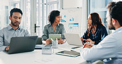 Buy stock photo Women, laptop and discussion at office meeting with tablet, men and review at insurance company. Business people, group and tech for feedback, insight and planning at risk management team at agency