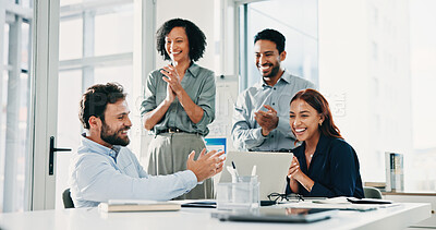 Buy stock photo Laptop, applause and team with business people in meeting for acquisition, finance advisor and success. Merger bonus, research and online profit with employees in agency for feedback and workshop