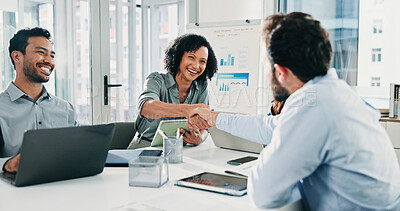 Buy stock photo Happy, business people and meeting with handshake in office for teamwork or partnership together. Group, colleagues or employees shaking hands with smile for onboarding, deal or company agreement