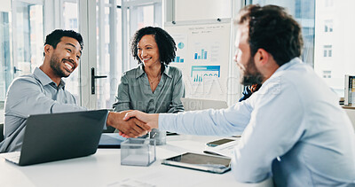 Buy stock photo Happy, business people and meeting with handshake for partnership together or teamwork in office. Group, colleagues or employees shaking hands with smile for onboarding, deal or company agreement