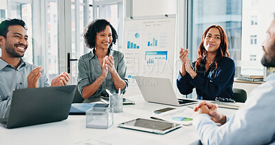 Buy stock photo Happy, business people and team with applause in office for congratulations or promotion together. Excited, group or employees clapping with smile for company performance or success in workplace