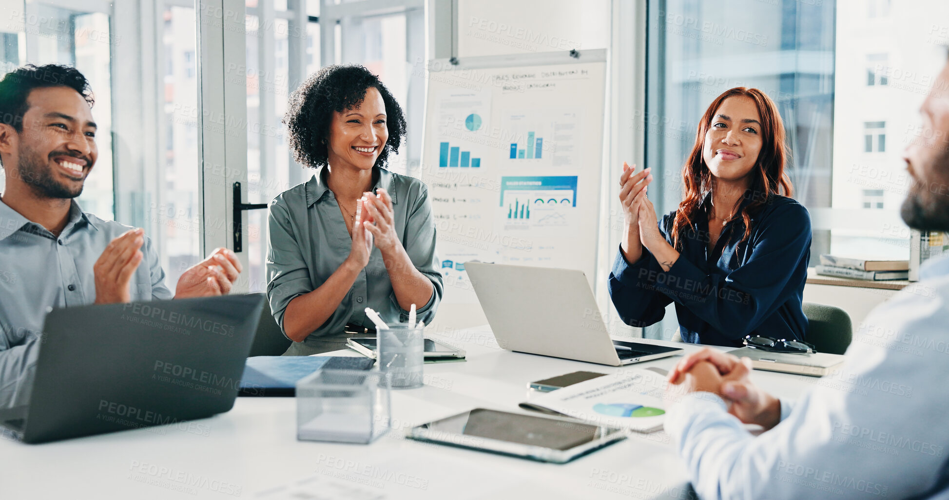 Buy stock photo Happy, business people and team with applause in office for congratulations or promotion together. Excited, group or employees clapping with smile for company performance or success in workplace