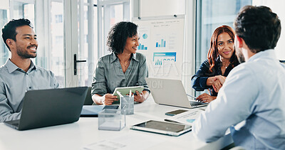 Buy stock photo Happy woman, man and handshake with smile at office meeting for deal, thanks and laptop at insurance company. People, staff and shaking hands with team, success and goals at risk management agency