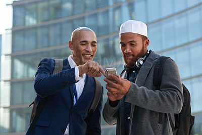 Buy stock photo Business, internet and men in city, smartphone for social media and help with communication. Outdoor, employees and support with conversation, typing and cellphone for website info and happiness