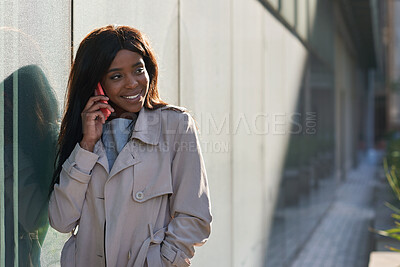 Buy stock photo Phone call, smile and black woman in city, talking and digital app for communication. Outdoor, discussion and African person in street, smartphone and connection for chatting, travel and listening