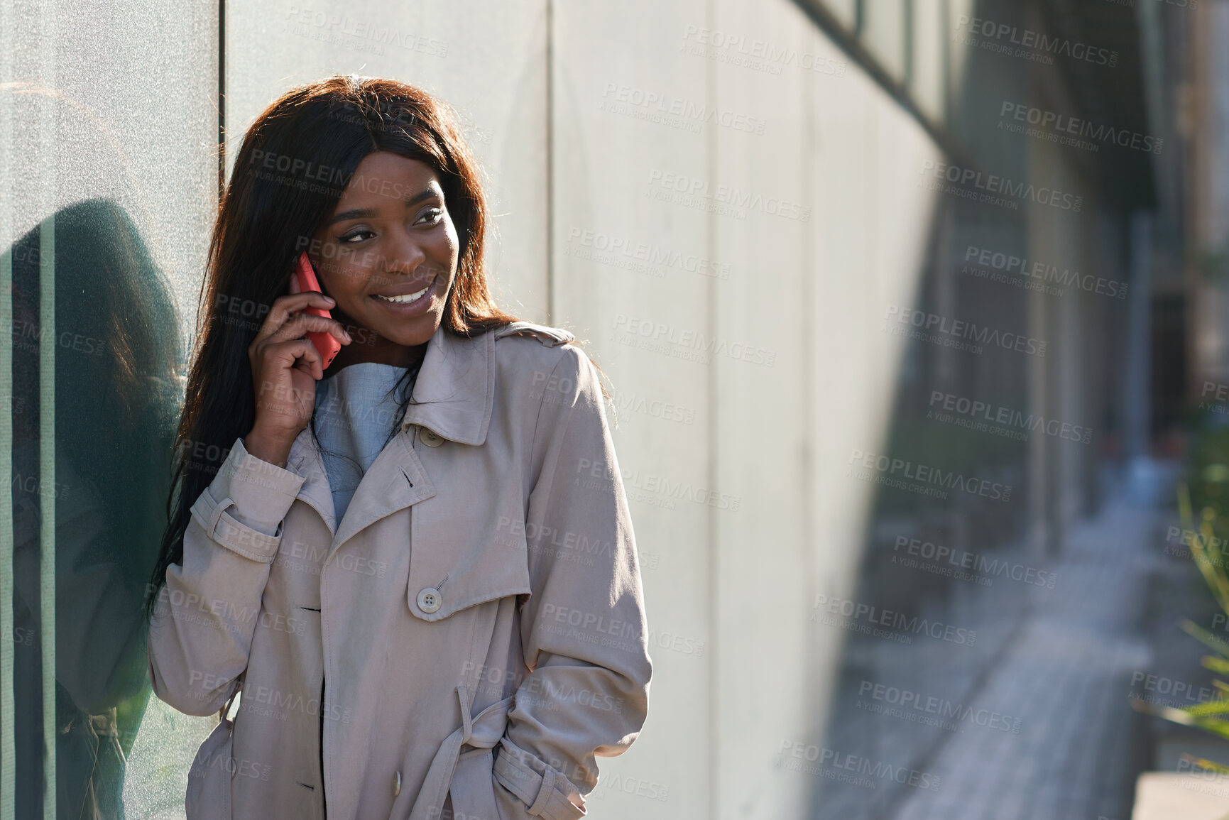 Buy stock photo Phone call, smile and black woman in city, talking and digital app for communication. Outdoor, discussion and African person in street, smartphone and connection for chatting, travel and listening