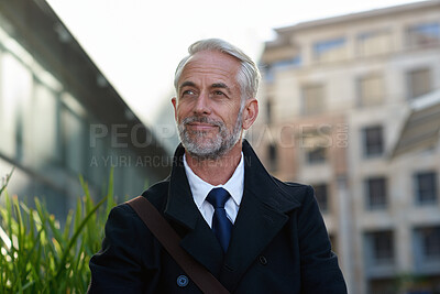 Buy stock photo Businessman, commute and think with smile in city, decision and planning for investment opportunity. Outdoor, entrepreneur and mature person with idea for business development, reflection and travel