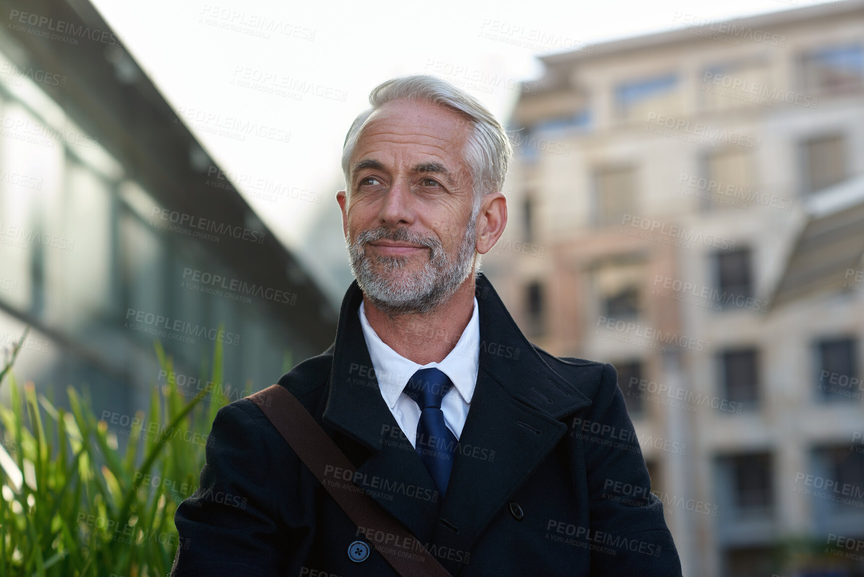 Buy stock photo Businessman, commute and think with smile in city, decision and planning for investment opportunity. Outdoor, entrepreneur and mature person with idea for business development, reflection and travel