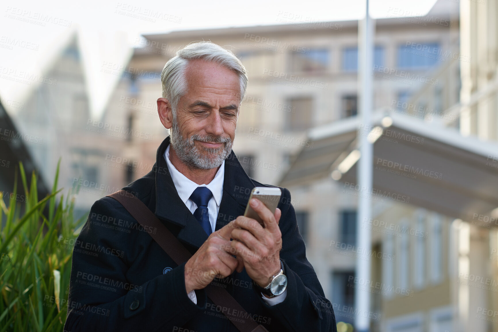 Buy stock photo City, businessman and happy with smartphone, commute and communication with contact on social media. Outdoor, entrepreneur and mature person with mobile for chat, online and investment updates on web