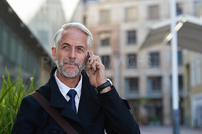 Buy stock photo Phone call, business and mature man in city for talking, discussion and contact on morning commute. Corporate, travel and person on smartphone for conversation, communication and networking in town