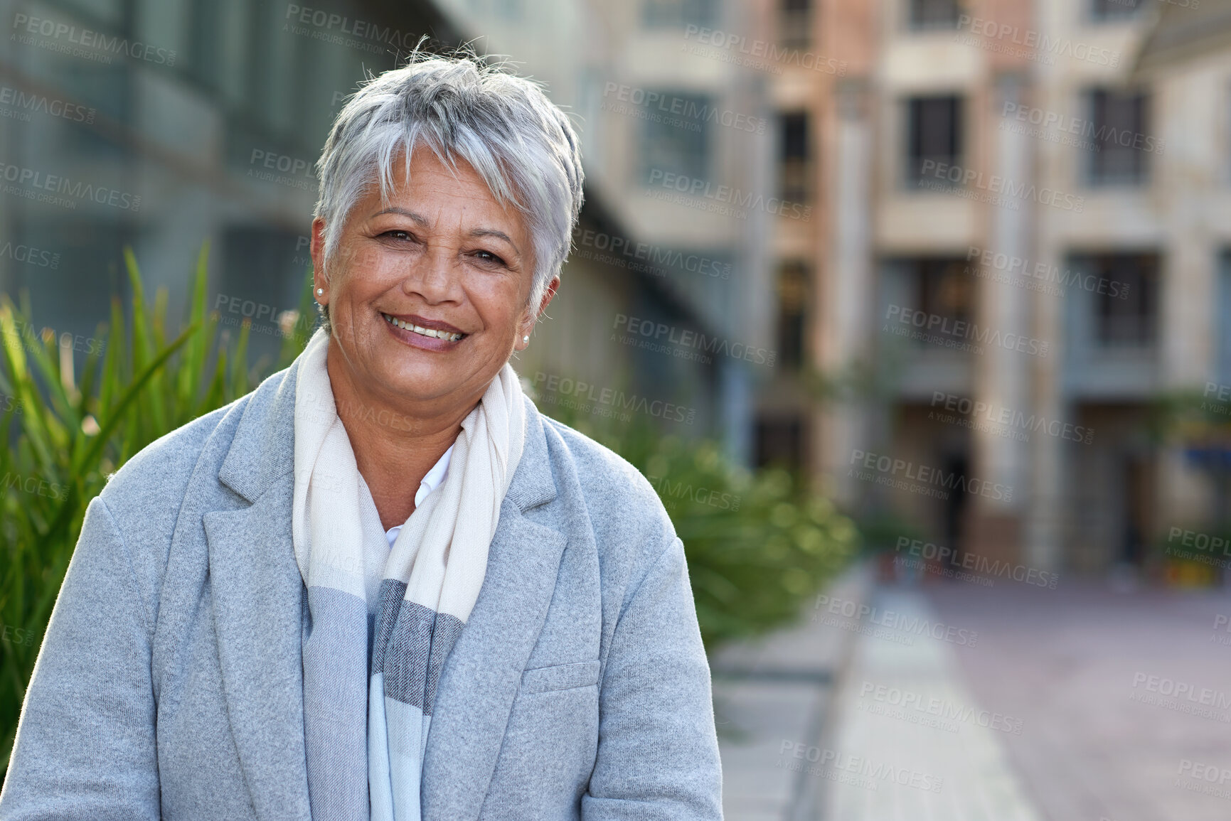 Buy stock photo Buildings, business and portrait of mature woman outdoor for career as property developer. Experience, friendly and real estate development with happy employee in city for infrastructure project