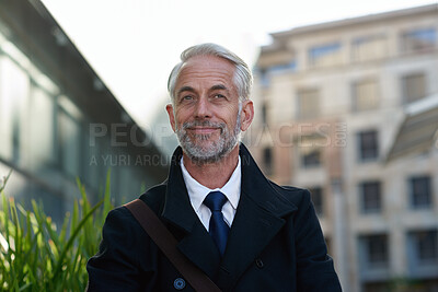 Buy stock photo Businessman, walk and thinking in city with smile, morning commute or appointment for real estate job. Mature person, realtor and outdoor journey downtown with reflection, vision and travel for work.