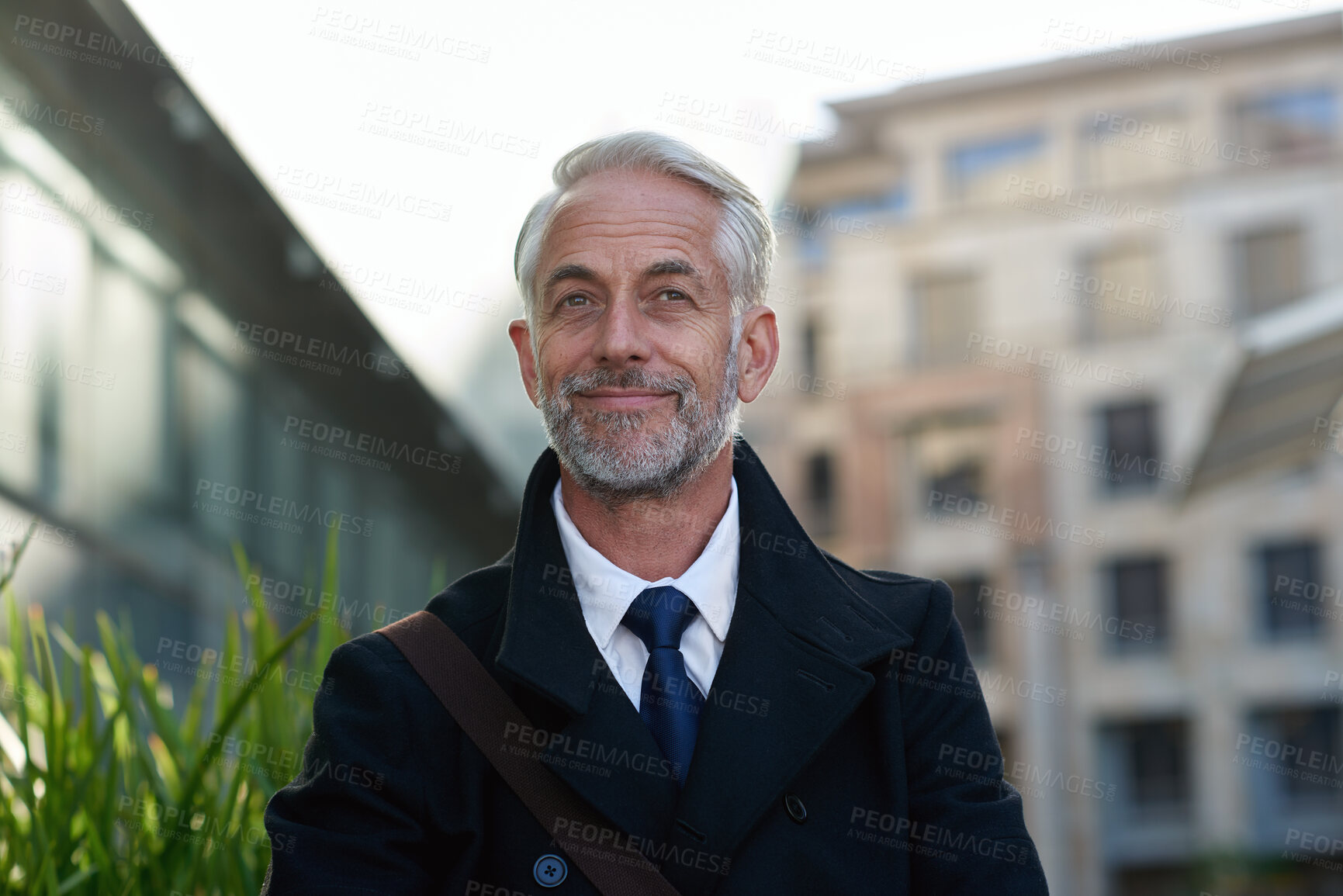 Buy stock photo Businessman, walk and thinking in city with smile, morning commute or appointment for real estate job. Mature person, realtor and outdoor journey downtown with reflection, vision and travel for work.