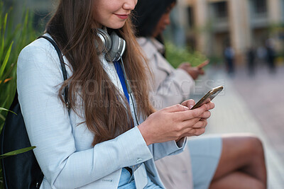Buy stock photo Morning, commute and businesswoman with smartphone in city, journalist and chat with contact on web. Outdoor, reporter and person with mobile for communication, typing and texting with source on app