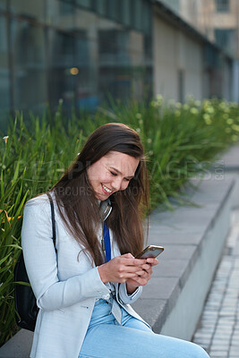 Buy stock photo Laughing, businesswoman and texting with smartphone in city, reading and communication with contact. Outdoor, intern and person with humor for funny message, online and chat with mobile on break