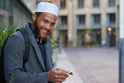 Buy stock photo Portrait, phone and Muslim businessman in city with commute, smile and check schedule for finance job. Space, Islamic person and accountant in urban town with tech, online agenda and travel to work.
