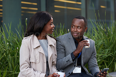 Buy stock photo Outdoor, talking or business people with phone on coffee break, company gossip or brainstorming session. City, black man and woman with caffeine drink for project discussion, mobile and work friends