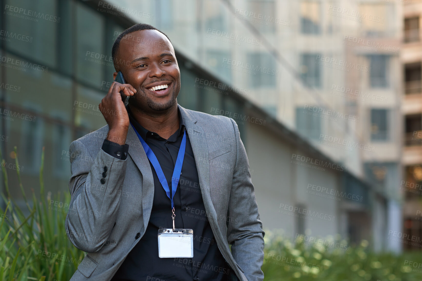 Buy stock photo Happy, black man and business with phone call in city for corporate proposal or negotiation. Male person, consultant or agent talking with smile on mobile smartphone for conversation or discussion