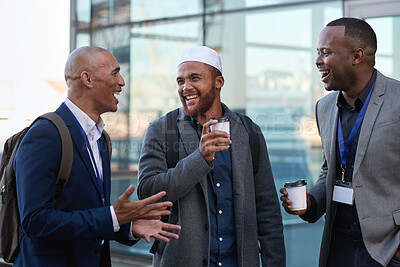 Buy stock photo Laughing, coffee and business people in city for commute, funny conservation and storytelling for smile. Outdoor, speaking and group of men with caffeine drink for morning travel, gossip and joke