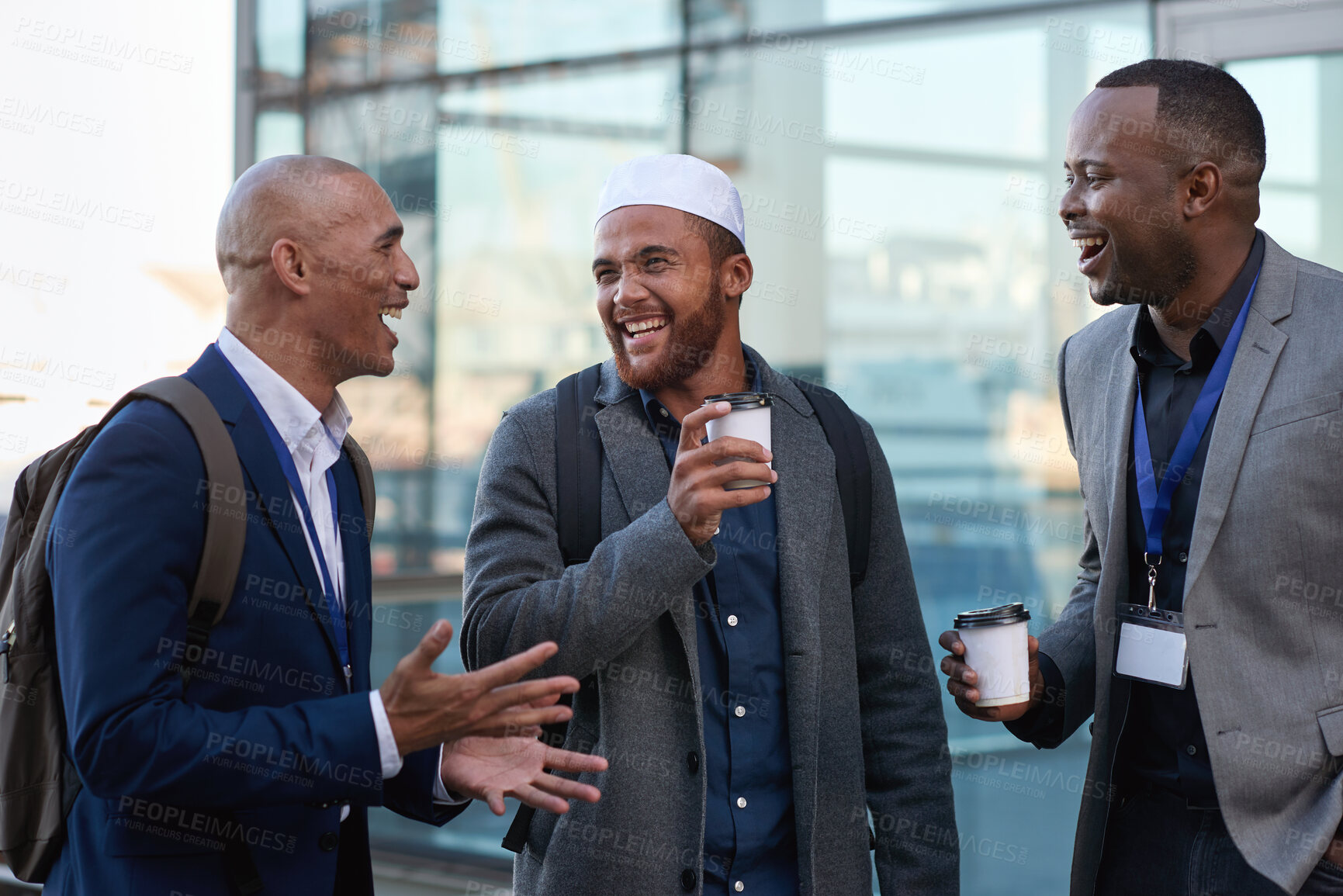 Buy stock photo Laughing, coffee and business people in city for commute, funny conservation and storytelling for smile. Outdoor, speaking and group of men with caffeine drink for morning travel, gossip and joke
