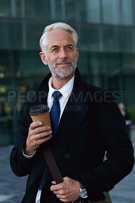 Buy stock photo Thinking, businessman and travel with coffee in city, happy and planning for investment opportunity. Outdoor, CEO and mature person with smile for business development, decision or commute with latte
