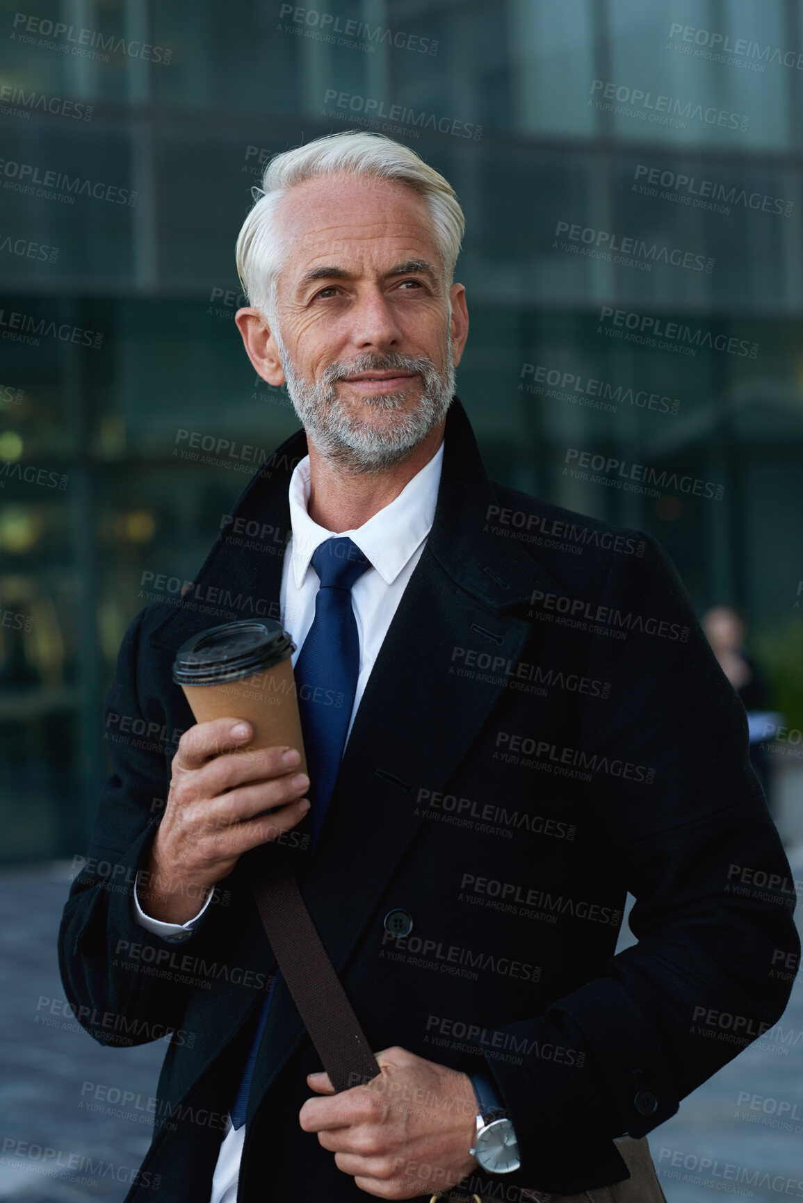 Buy stock photo Thinking, businessman and travel with coffee in city, happy and planning for investment opportunity. Outdoor, CEO and mature person with smile for business development, decision or commute with latte