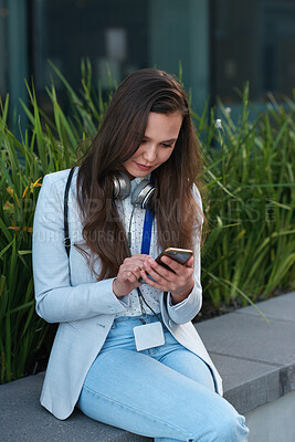 Buy stock photo Phone, typing and business woman in city for social media, internet and connection on break. Intern, professional and person on smartphone for online chat, message and email notification in town