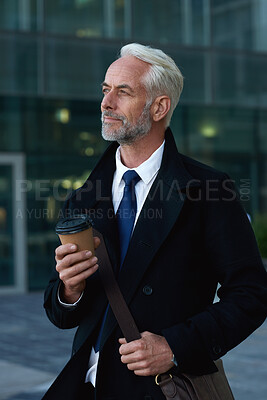 Buy stock photo Businessman, decision and travel with coffee in city, think and planning for investment opportunity. Outdoor, CEO and mature person with idea for business growth, reflection and commute with latte