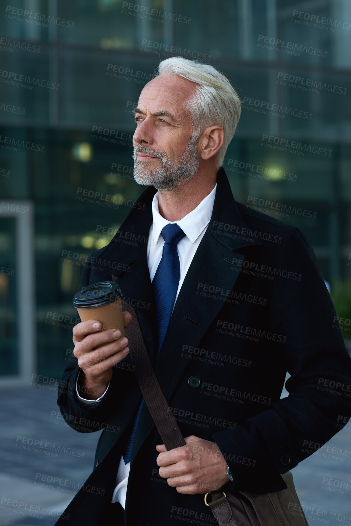 Buy stock photo Businessman, decision and travel with coffee in city, think and planning for investment opportunity. Outdoor, CEO and mature person with idea for business growth, reflection and commute with latte