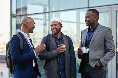 Buy stock photo Speaking, smile and business people in city for coffee break, finance team and brainstorming session. Outdoor, happy or group of men with caffeine drink for planning, investment project or discussion