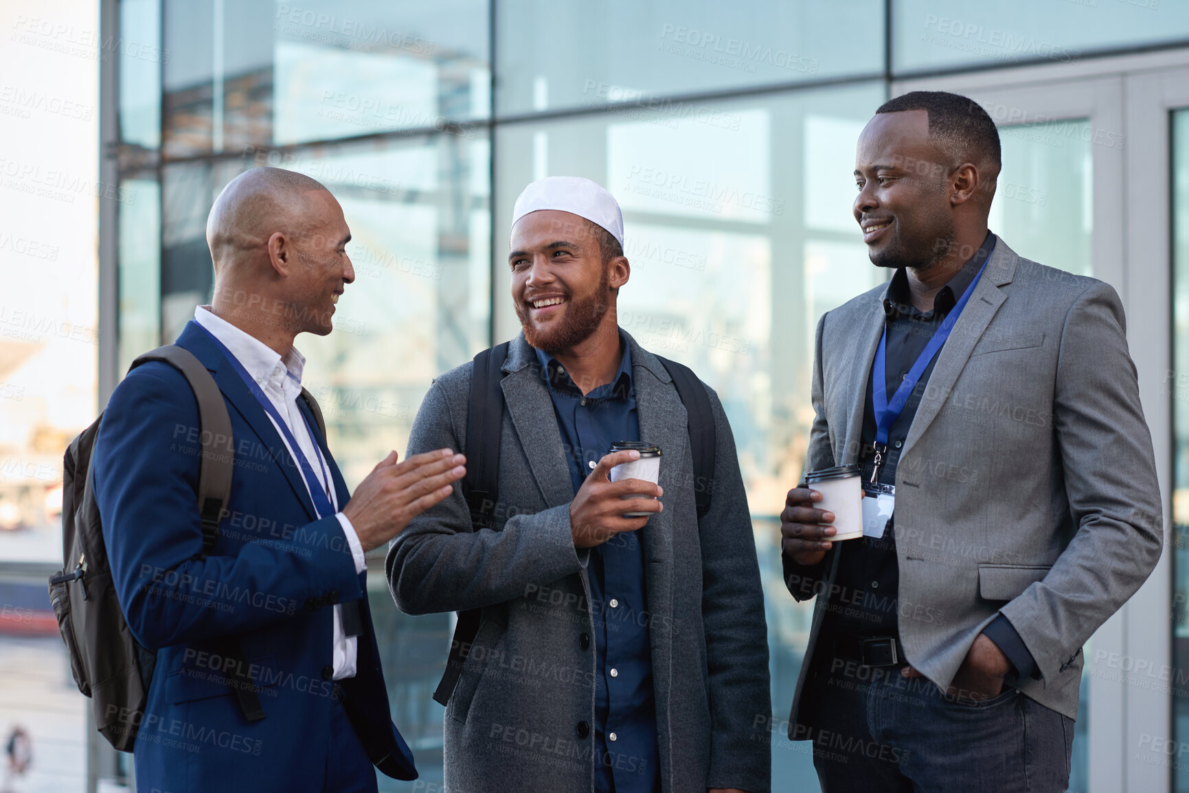 Buy stock photo Speaking, smile and business people in city for coffee break, finance team and brainstorming session. Outdoor, happy or group of men with caffeine drink for planning, investment project or discussion