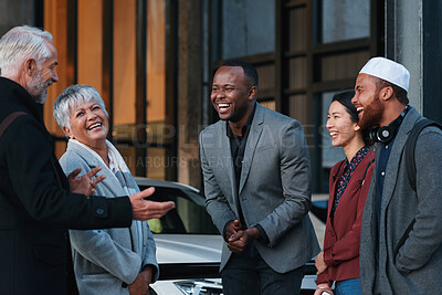 Buy stock photo Happy, business people and laughing with team for funny joke, humor or comedy together in city. Diversity, group or colleagues talking with smile for conversation or friendly discussion in urban town