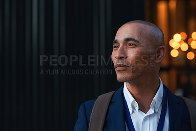 Buy stock photo Serious, businessman and think with pride in city, decision and planning for investment opportunity. Outdoor, reflection and mature person with idea for business development, entrepreneur and space