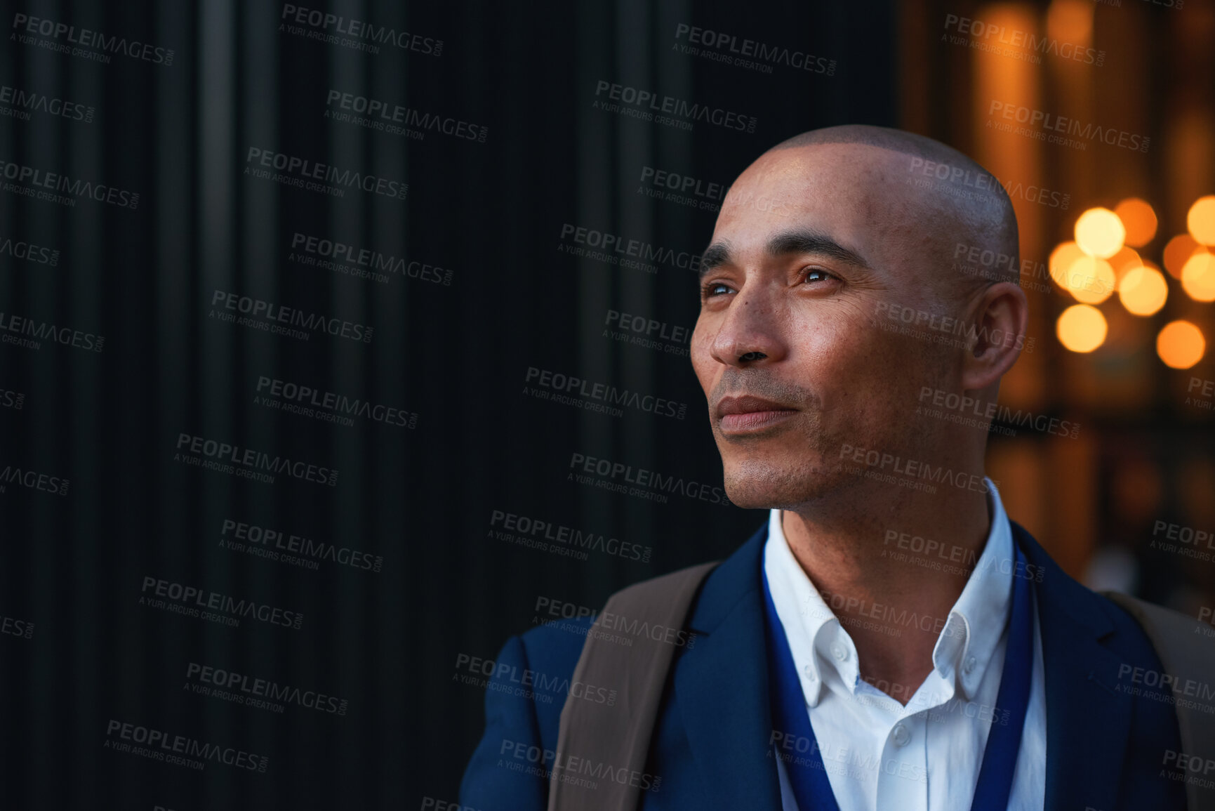 Buy stock photo Serious, businessman and think with pride in city, decision and planning for investment opportunity. Outdoor, reflection and mature person with idea for business development, entrepreneur and space